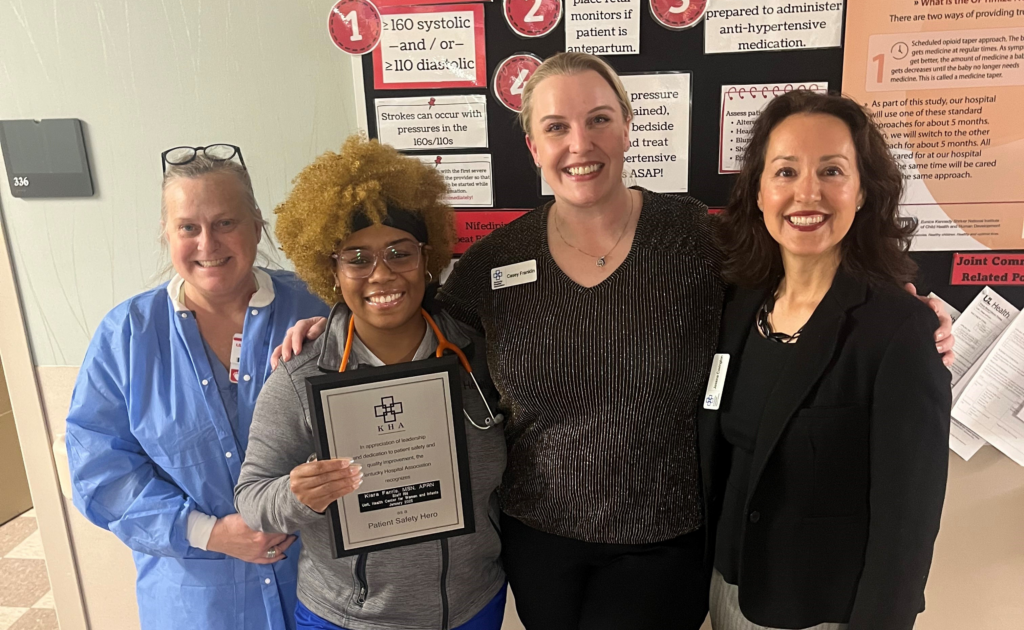 The KHA Quality Team presented the KHA Patient Safety Hero Award yesterday to Kiara Farris, staff nurse at UofL Health Center for Women and Infants.